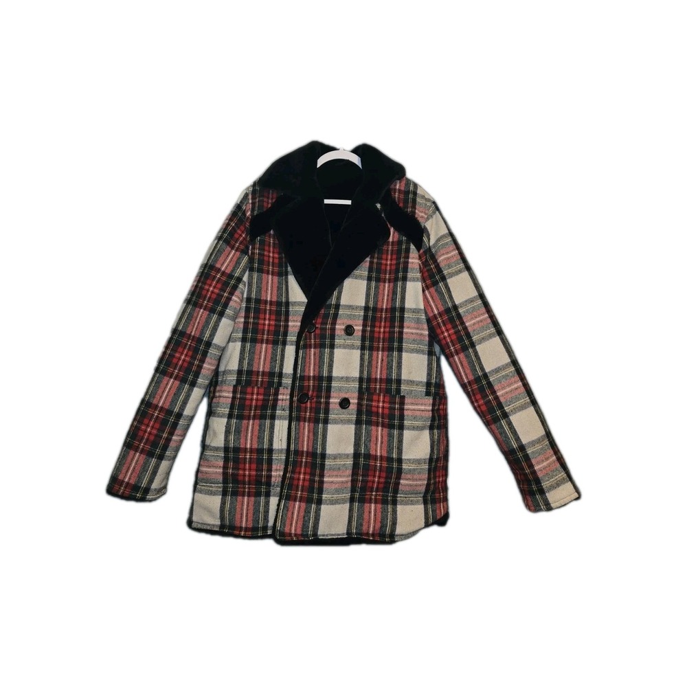 ASOS DESIGN Reversible Thick Black Faux Fur and Red Check Bonded Jacket Size 8